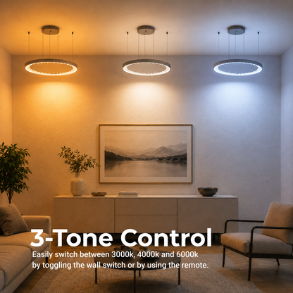 Suspended LED chandelier with remote control, K9 Crystals, 80W, 3 Circles, Cold/Warm/Neutral light, Dimmable, Black, Height Adjustable