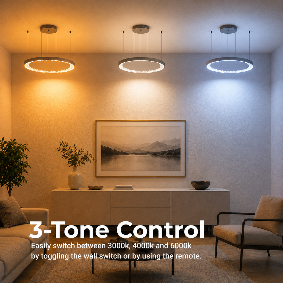 Suspended LED chandelier with remote control, K9 Crystals, 80W, 3 Circles, Cold/Warm/Neutral light, Dimmable, Black, Height Adjustable