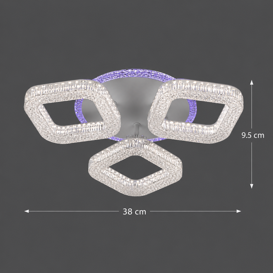 Lustra LED RENATO Nobile cu telecomanda si cristal,  39W, 3 Patrate, Lumina Rece/Calda/Neutra, Dimabila, Alb