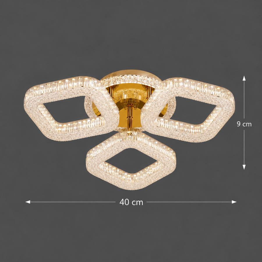 Lustra LED RENATO Nobile cu telecomanda si cristal,  39W, 3 Patrate, Lumina Rece/Calda/Neutra, Dimabila, Auriu