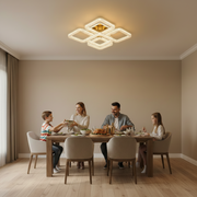 Lustra LED RENATO Magno cu telecomanda si cristal,  118W, 5 Patrate, Lumina Rece/Calda/Neutra, Dimabila, Auriu