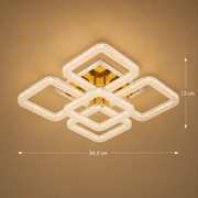 Lustra LED RENATO Magno cu telecomanda si cristal,  118W, 5 Patrate, Lumina Rece/Calda/Neutra, Dimabila, Auriu
