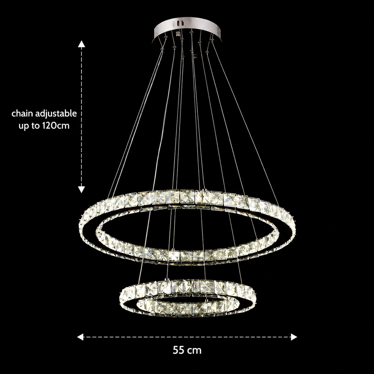 LED Chandelier with remote control and crystal PRISM LUMINIS 58W, 2 Circles, Cold/Warm/Neutral light, Dimmable, Chrome and White, Adjustable Height LED Chandeliers with Remote Control Default Title Alessandro Design