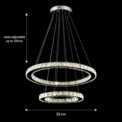 LED Chandelier with remote control and crystal PRISM LUMINIS 58W, 2 Circles, Cold/Warm/Neutral light, Dimmable, Chrome and White, Adjustable Height LED Chandeliers with Remote Control Default Title Alessandro Design