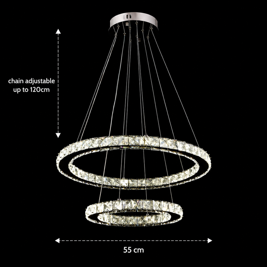 LED Chandelier with remote control and crystal PRISM LUMINIS 58W, 2 Circles, Cold/Warm/Neutral light, Dimmable, Chrome and White, Adjustable Height LED Chandeliers with Remote Control Default Title Alessandro Design