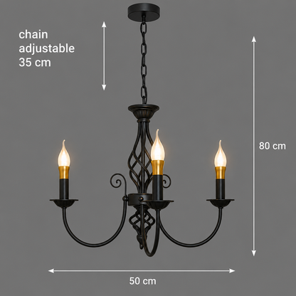 ANJOUX Elegance Chandelier, 3xE14, Diameter 50cm, Black, Adjustable Height, Metal