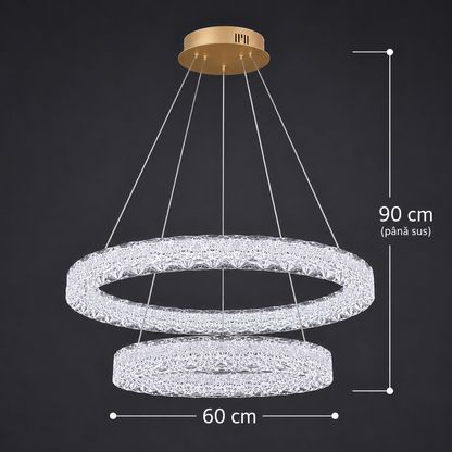 Lustra LED SHELP Cristal cu telecomanda, 64W, Lumina Calda/Neutra/Rece, Φ60 cm, Inaltime Reglabila, Metal si Cristal, Auriu