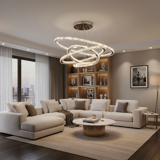 LED Chandelier with PRISM Luminis Remote Control, Crystal and Metal, 210W, 4 Circles, Dimmable, Cold/Warm/Neutral Light, Luxurious Lighting