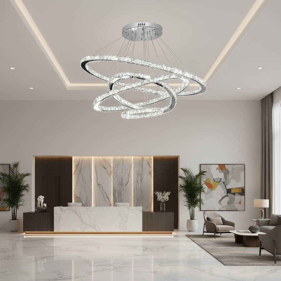 LED Chandelier with PRISM Luminis Remote Control, Crystal and Metal, 210W, 4 Circles, Dimmable, Cold/Warm/Neutral Light, Luxurious Lighting