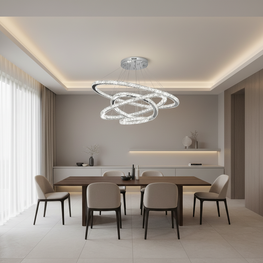 LED Chandelier with PRISM Luminis Remote Control, Crystal and Metal, 210W, 4 Circles, Dimmable, Cold/Warm/Neutral Light, Luxurious Lighting