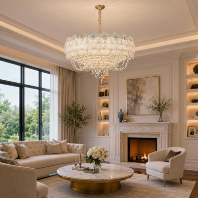 Candelabru Cristal CROWN Eleganza 9xE14, Diametru 50cm, Inaltime 41cm, Auriu Lucios, Inaltime Reglabila, Design Elegant
