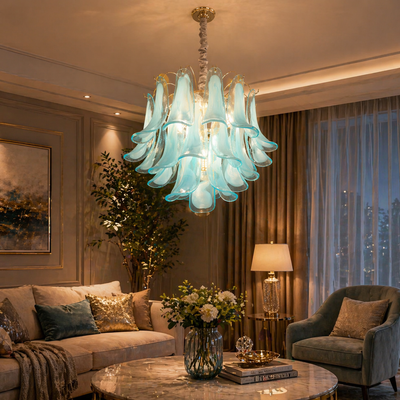 Candelabru Cristal MURANO Eleganza 4xE14, D50 cm, Albastru, Inaltime Reglabila, Metal si Cristal