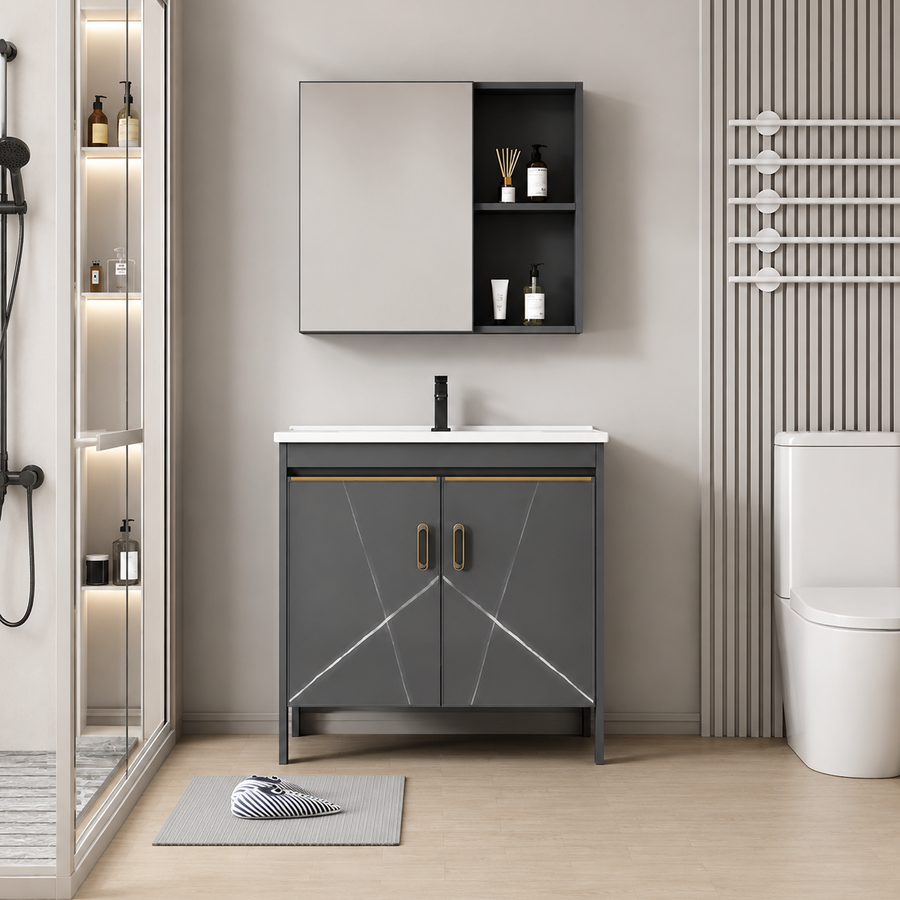 Set Mobilier SIENA pentru Baie ,Dulap Lavoar+Dulap Oglinda 60cm, 2 Piese, Gri si Alb Mobilier Baie Default Title Alessandro Design