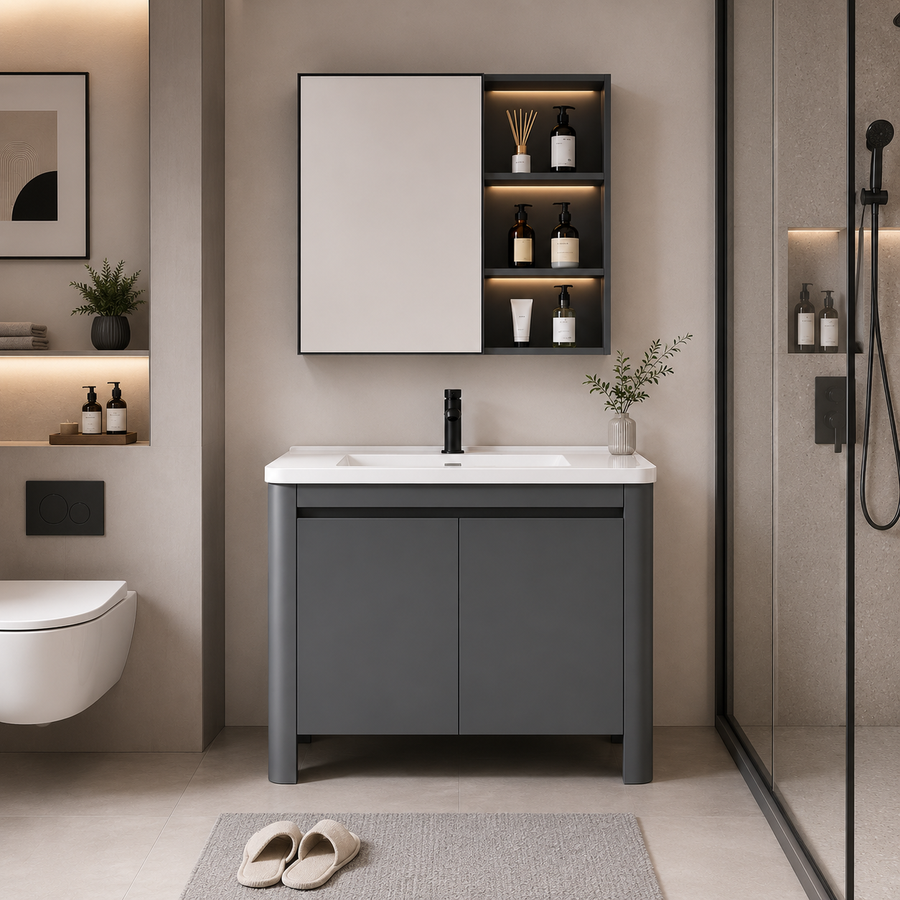 Set Mobilier VION pentru Baie ,Dulap Lavoar+Dulap Oglinda 60cm, 2 Piese, Gri si Alb Mobilier Baie Default Title Alessandro Design