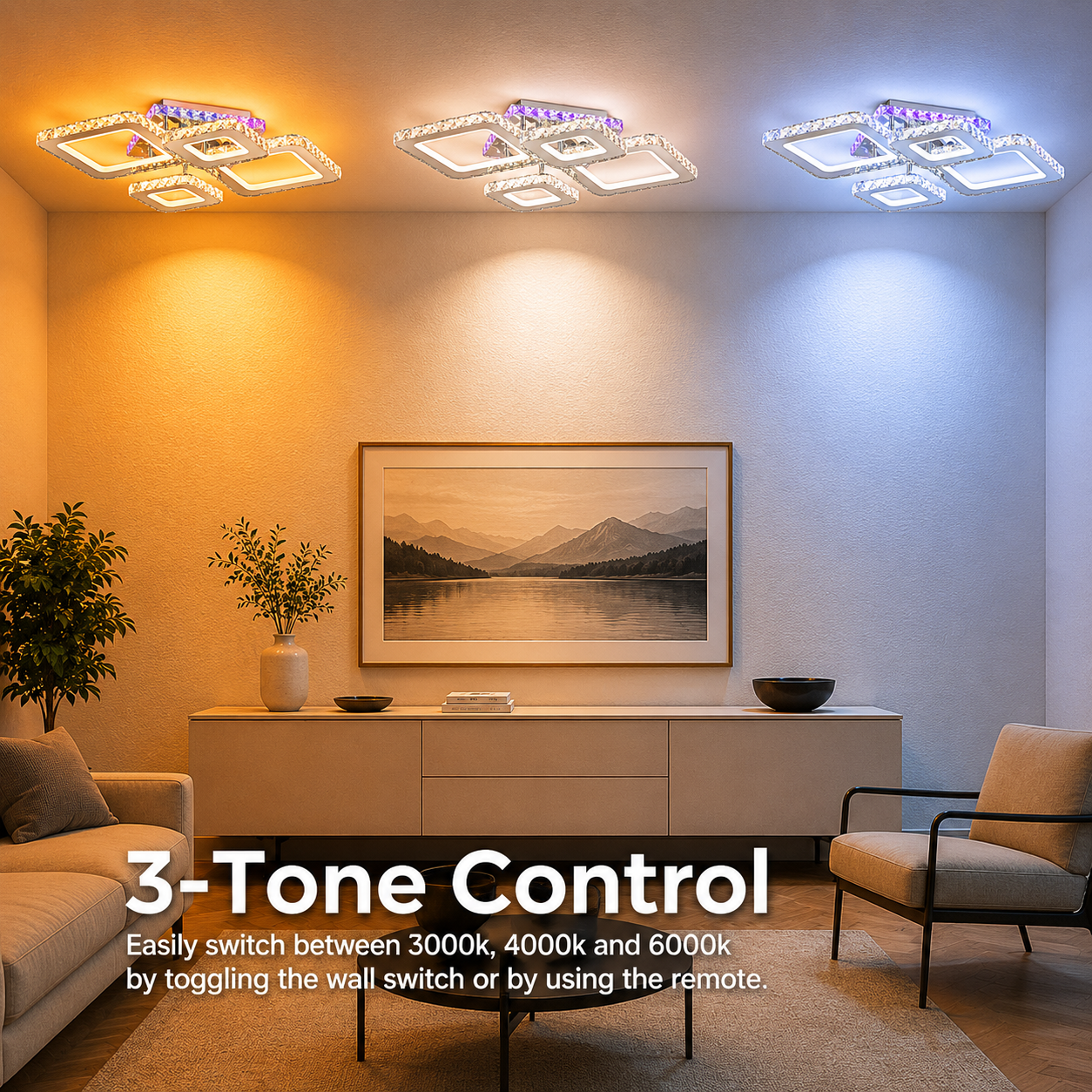LED chandelier with remote control and crystal NOVA RHOMBA RGB 95W, 4 Squares, Cold/Warm/Neutral light, Dimmable, Shiny Chrome LED Chandeliers & Crystals Default Title Alessandro Design