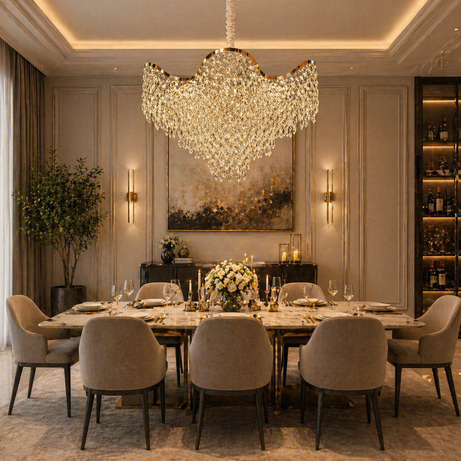 Candelabru Cristal VELOURA Supremo 28xE14, D100 cm, Auriu, Inaltime Reglabila, Metal si Cristal Candelabre Cristal Default Title Alessandro Design