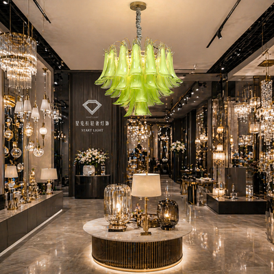 Candelabru Cristal MURANO Magno 7xE14, D60 cm, Verde, Inaltime Reglabila, Metal si Cristal