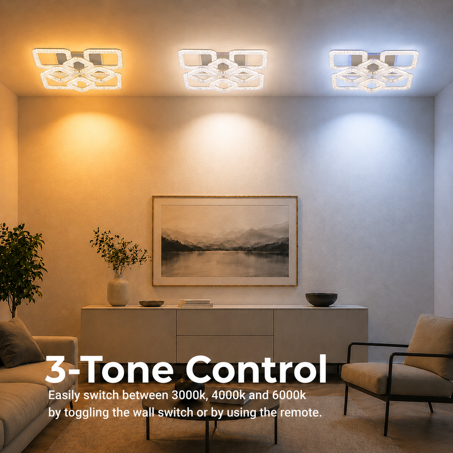 Lustra LED RENATO Magno cu telecomanda si cristal,  128W, 8 Patrate, Lumina Rece/Calda/Neutra, Dimabila, Alb