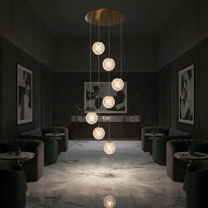 Candelabru Cristal MILLE, 7xG9 , Diametru 60cm x Inaltime 340cm, Cristal si Metal, Auriu