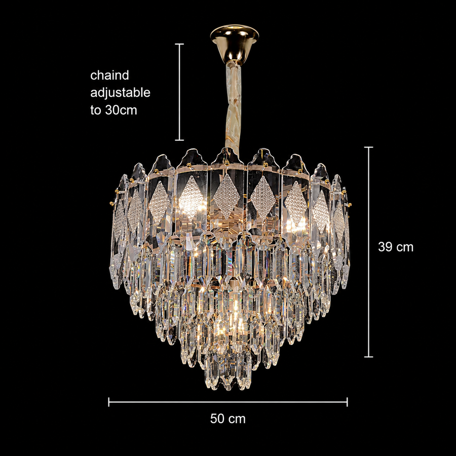Candelabru Cristal VELVET Eleganza, 9xE14, D50 cm, Auriu, Inaltime Reglabila, Metal si Cristal