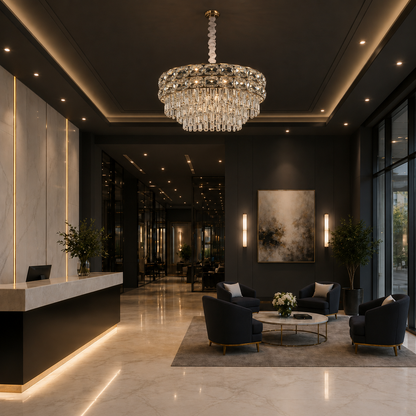 Candelabru Cristal LUCENT Regalis 22xE14, D80 cm, Auriu, Inaltime Reglabila, Metal si Cristal