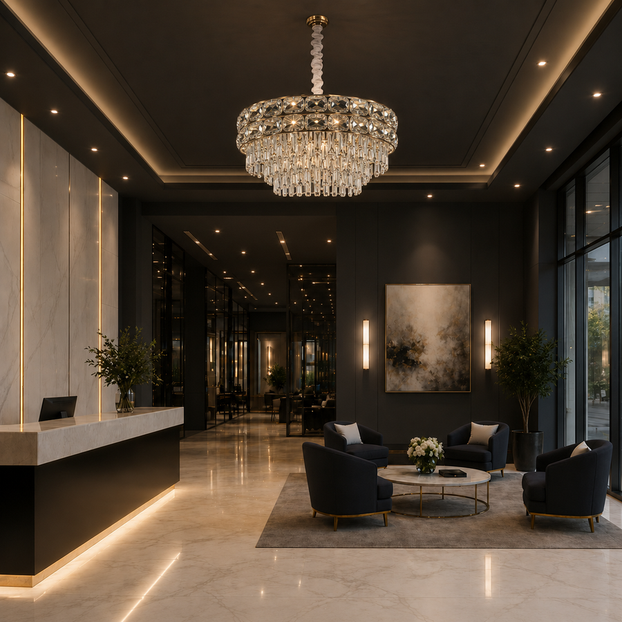 Candelabru Cristal LUCENT Regalis 22xE14, D80 cm, Auriu, Inaltime Reglabila, Metal si Cristal