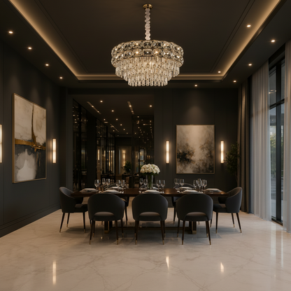 Candelabru Cristal LUCENT Regalis 22xE14, D80 cm, Auriu, Inaltime Reglabila, Metal si Cristal
