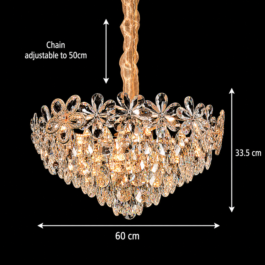 Magno Crystal Chandelier 11xE27, Diameter 60cm, Shiny Gold, Adjustable Height, Metal and Crystal