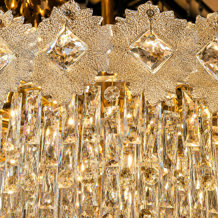 Candelabru Cristal FLEUR Eleganza 9xE14, Diametru 50cm, Inaltime 40cm, Auriu Lucios, Inaltime Reglabila, Design Elegant