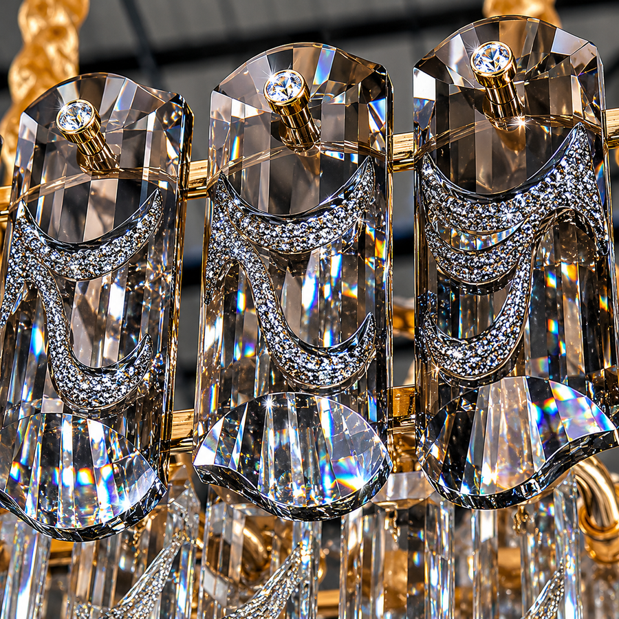 Candelabru Cristal AURUM Magno 12xE14, Diametru 60cm, Inaltime 40cm, Auriu Lucios, Inaltime Reglabila, Design Elegant