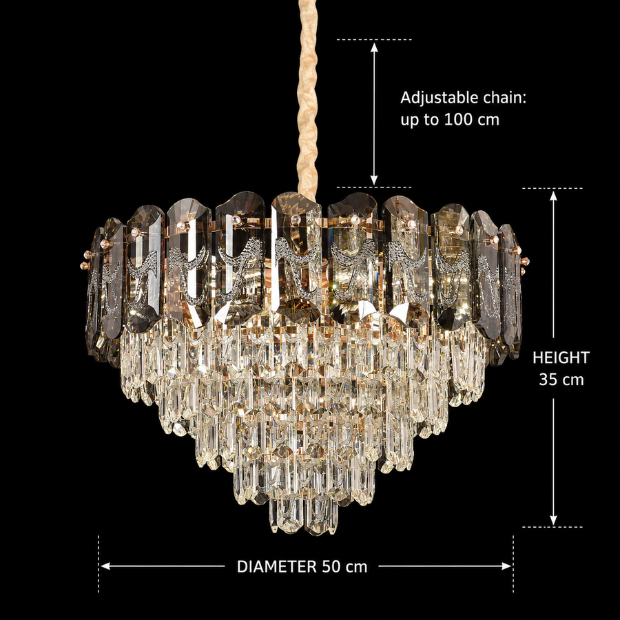 Candelabru Cristal AURUM Eleganza 9xE14, Diametru 50cm, Inaltime 35cm, Auriu Lucios, Inaltime Reglabila, Design Elegant