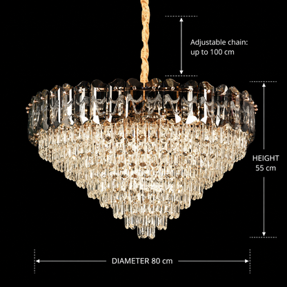 Candelabru Cristal AURUM Regalis 22xE14, Diametru 80cm, Inaltime 55cm, Auriu Lucios, Inaltime Reglabila, Design Elegant