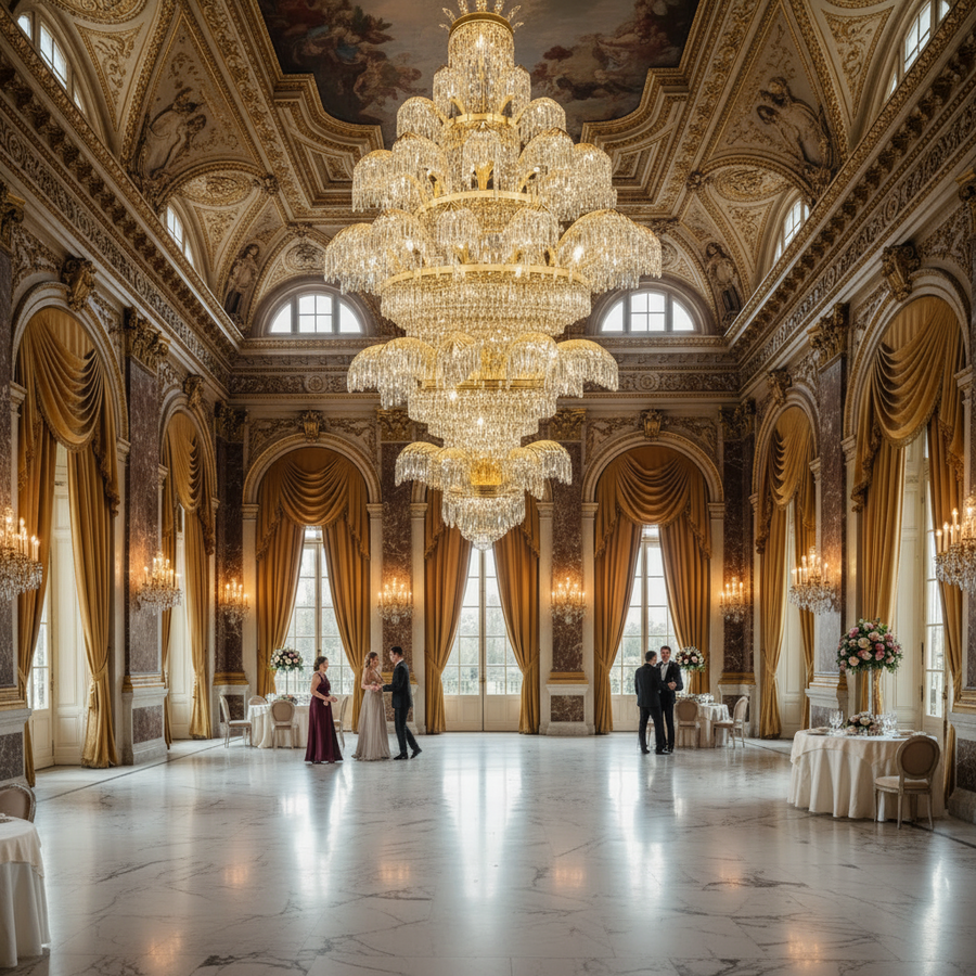 Candelabru Cristal PALACE Grande, 52 de brate, 96xG9, Diametru 150cm, Inaltime 230cm, Auriu Lucios, Inaltime Reglabila, Design Elegant Candelabre Cristal Default Title Alessandro Design
