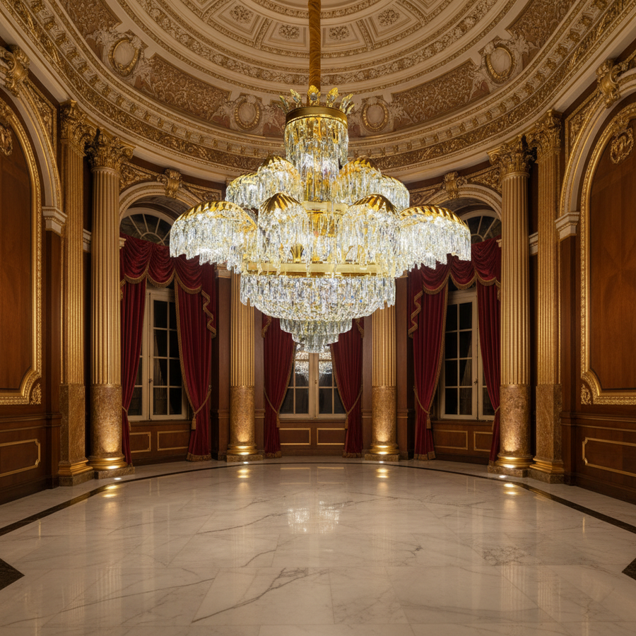 Candelabru Cristal PALACE Supremo 29xG9, D115cm, Auriu Lucios, Inaltime Reglabila, Metal si Cristal Candelabre Cristal Default Title Alessandro Design