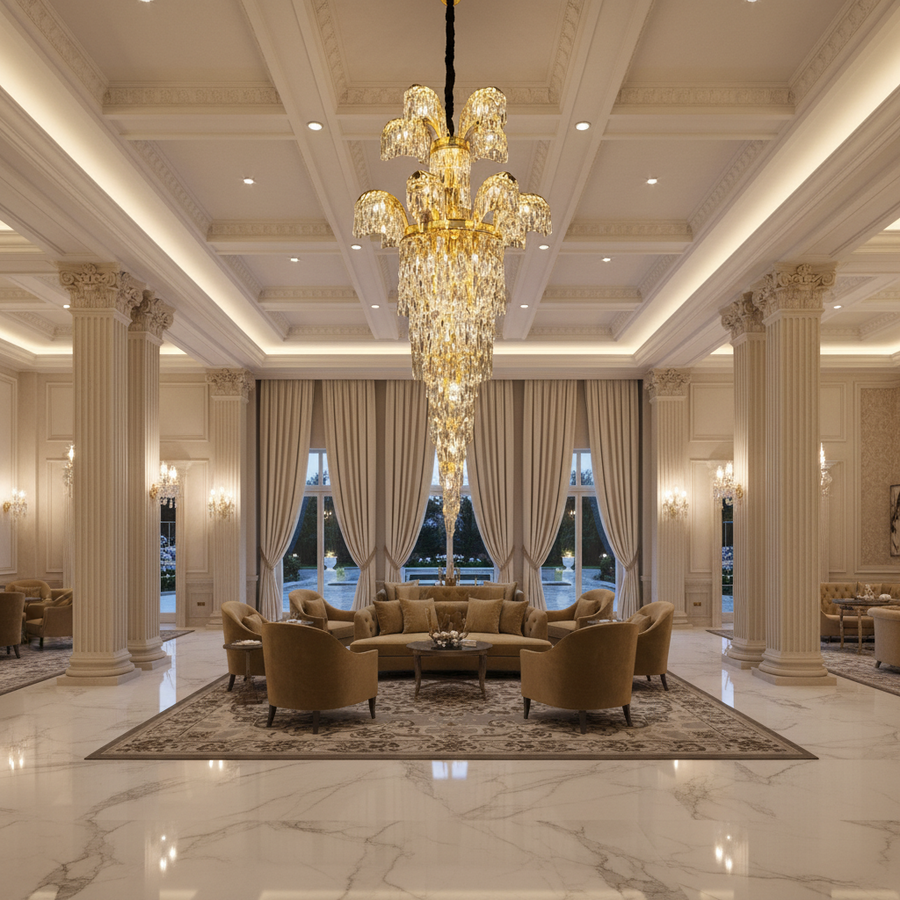 Candelabru Cristal PALACE Regalis, 13 brate, 29xG9, D80cm, Auriu Lucios, Inaltime Reglabila, Metal si Cristal Candelabre Cristal Default Title Alessandro Design
