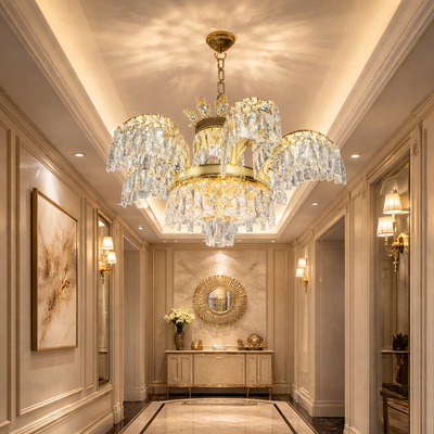 Crystal Chandelier Regalis 11x E14, Diameter 85cm, Shiny Gold, Adjustable Height, Metal and Crystal