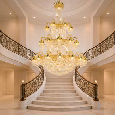 Crystal Chandelier CC8043/600H1800GD, Diameter 60cm, Height 180cm, Shiny Gold, Adjustable Height, Elegant Design