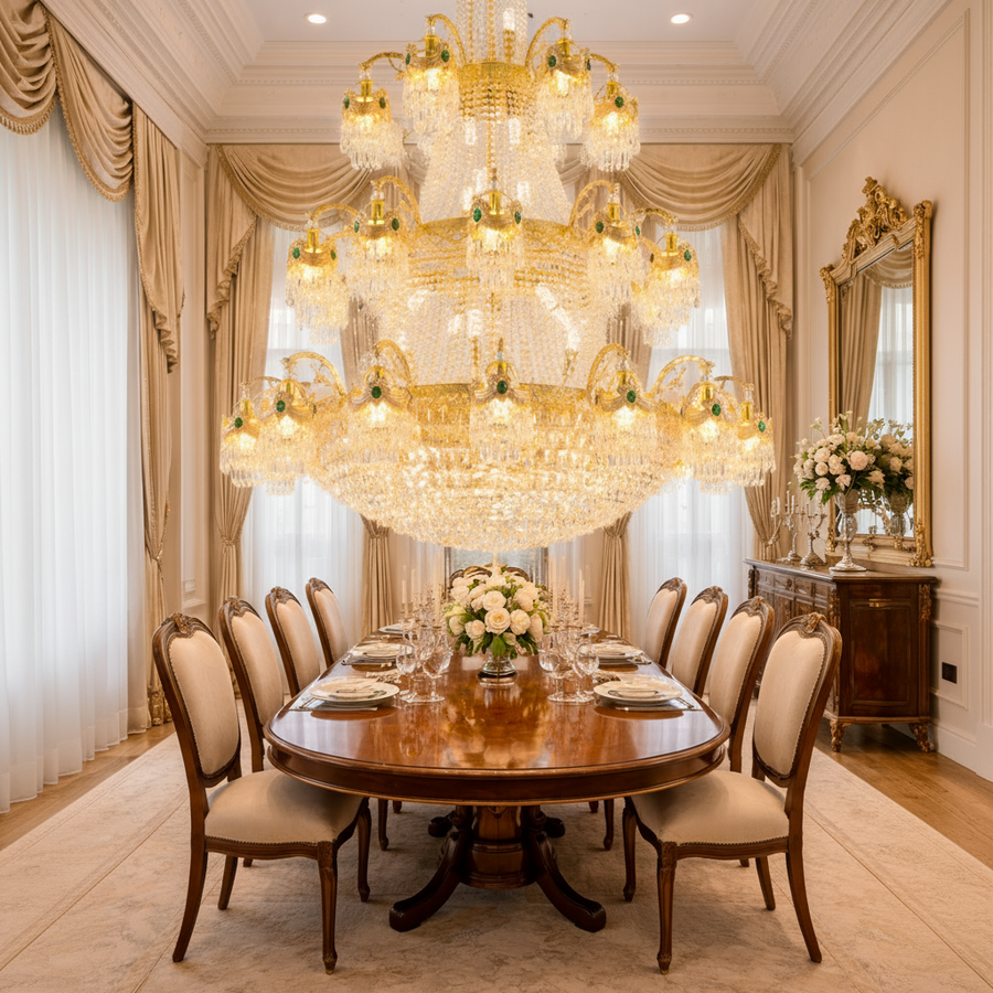 Candelabru Cristal , 61xE14, Diametru 150cm, Inaltime 200cm, Auriu Lucios, Inaltime Reglabila, Design Elegant Candelabre Cristal Default Title Alessandro Design