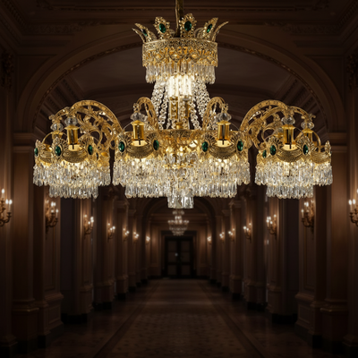 Crystal Chandelier Regalis 11x E14, Diameter 85cm, Shiny Gold, Adjustable Height, Metal and Crystal