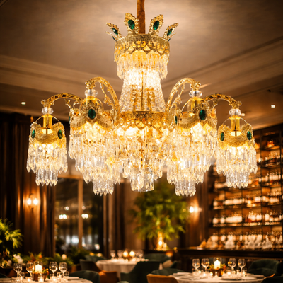 Crystal Chandelier Regalis 11x E14, Diameter 85cm, Shiny Gold, Adjustable Height, Metal and Crystal
