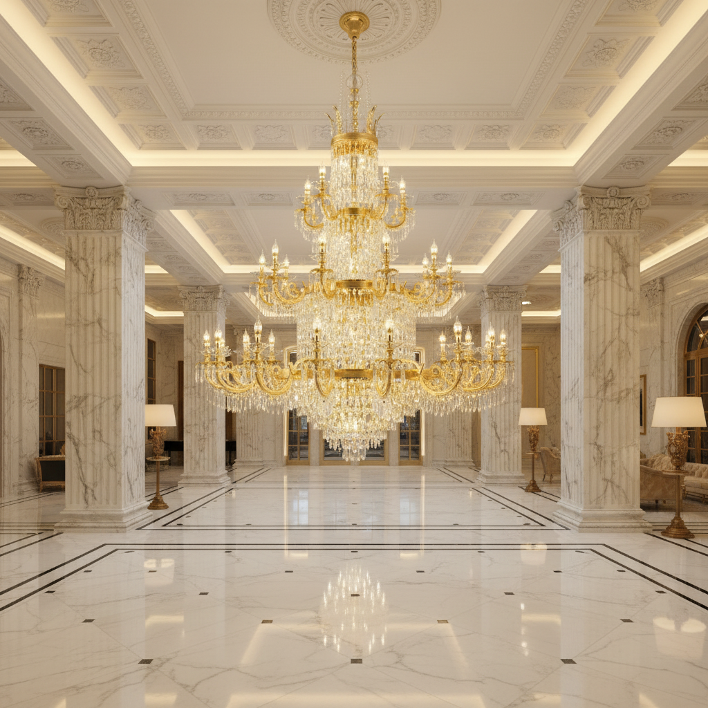 Candelabru Cristal , 54xE14, Diametru 150cm, Inaltime 230cm, Auriu Lucios, Inaltime Reglabila, Design Elegant Candelabre Cristal Default Title Alessandro Design