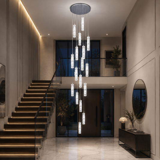 LED Crystal Chandelier AMIRI 82W Chrome, Warm/Neutral/Cold Light 3000K/4000K/6000K Amiri, Diameter 40cm x Height 300cm, Crystal and Metal