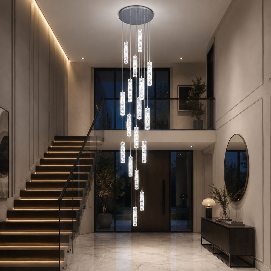 LED Crystal Chandelier AMIRI 82W Chrome, Warm/Neutral/Cold Light 3000K/4000K/6000K Amiri, Diameter 40cm x Height 300cm, Crystal and Metal