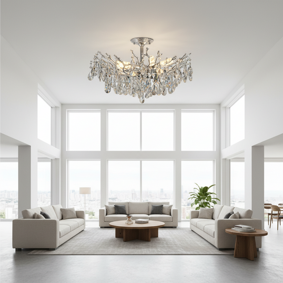 Candelabru Cristal REINA Magno, 6xE14, D60cm, Crom Lucios, Metal si Cristal