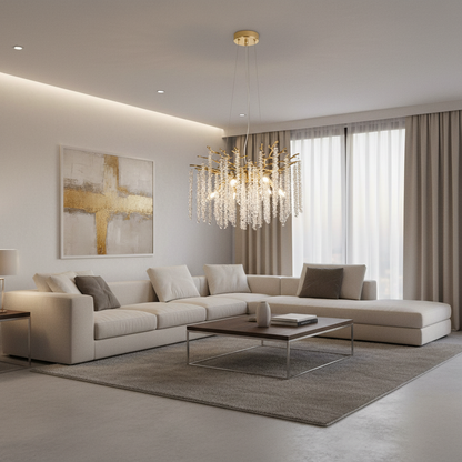 Candelabru Cristal ARBUS Eleganza, Φ50cm, 6xE14, Auriu, Metal si Cristal