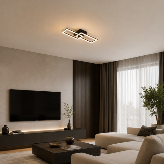 Lustra LED cu telecomanda BANDO 38W, 2 Drepunghiuri, Lumina Rece/Calda/Neutra, Dimabila, Negru, Metal si Acril