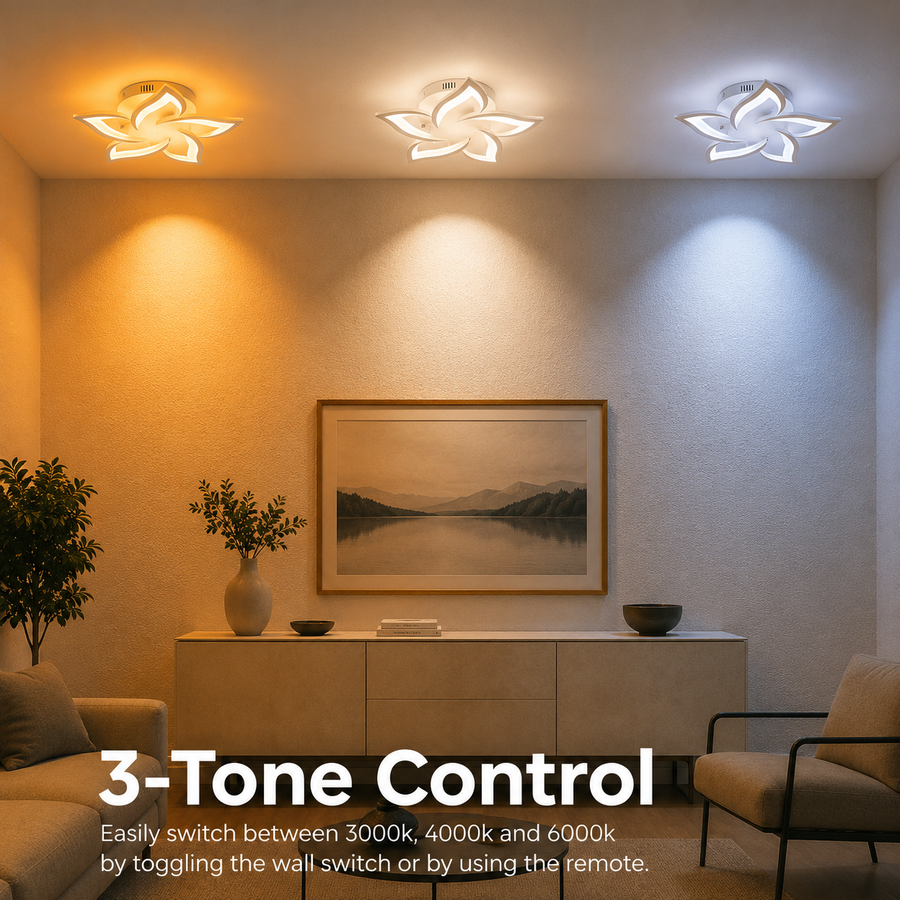 LED chandelier with remote control LOTUS 54W, 5 Petals, Cold/Warm/Neutral light, Dimmable, White
