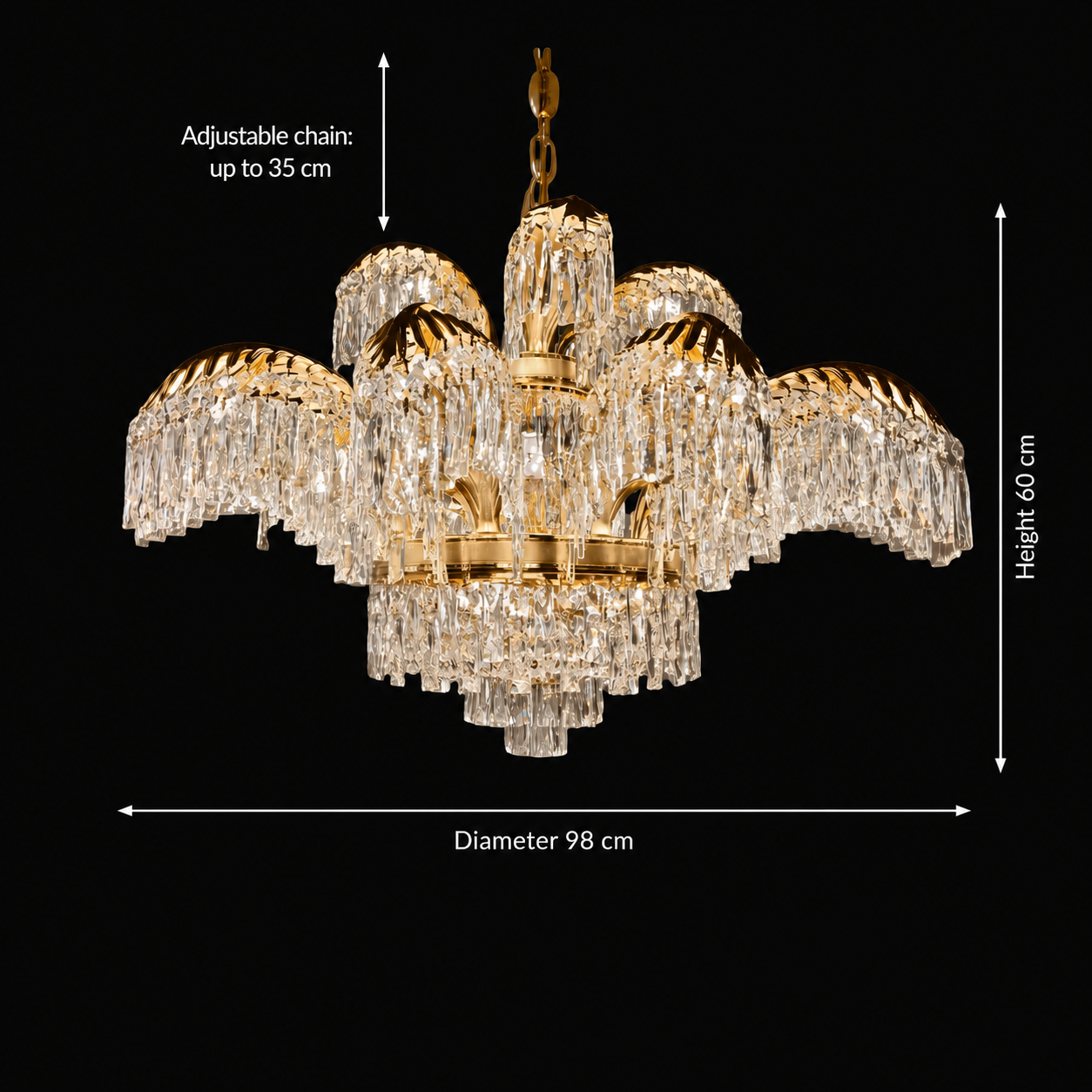 Candelabru Cristal PALACE Imperio, 15 brate, 22xG9, D98cm, Auriu Lucios, Inaltime Reglabila, Metal si Cristal Candelabre Cristal Default Title Alessandro Design