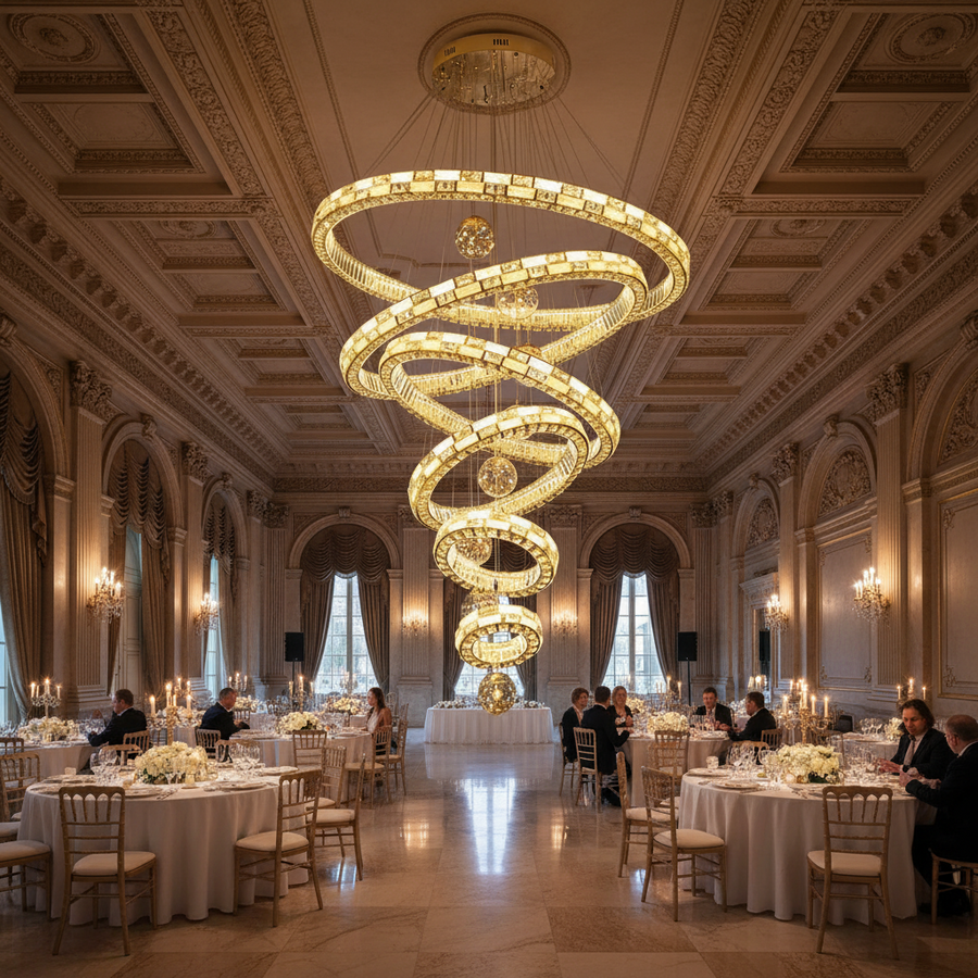 Candelabru Cristal cu Telecomanda RONDOS Supremo, 120x350cm, Lumina Calda/Neutra/Rece, Auriu, Metal si Cristal