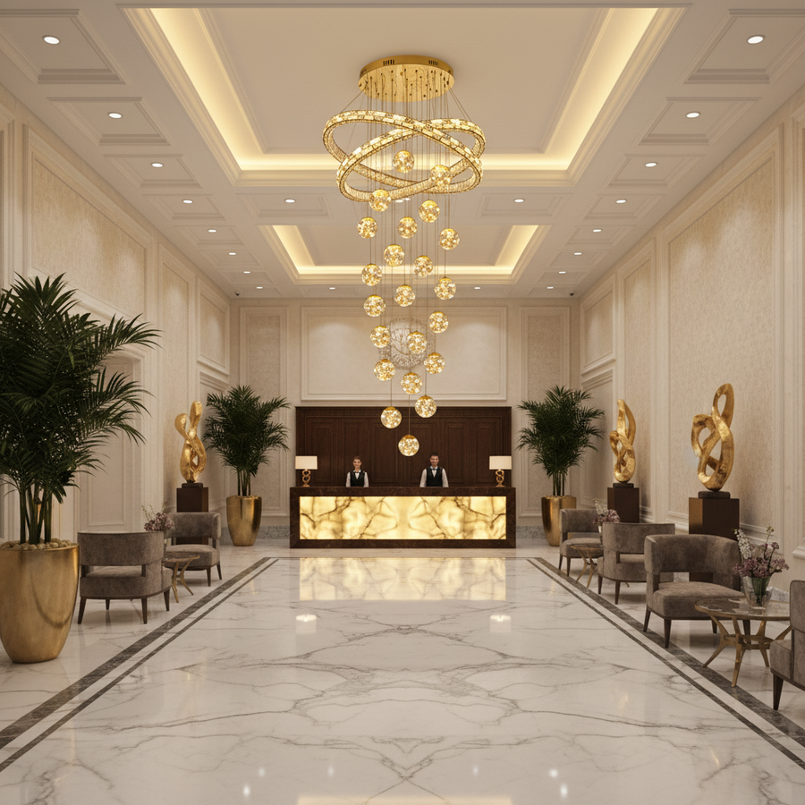 Candelabru Cristal cu Telecomanda DUARA Supremo, 90x300cm, Lumina Calda/Neutra/Rece, Auriu, Metal si Cristal
